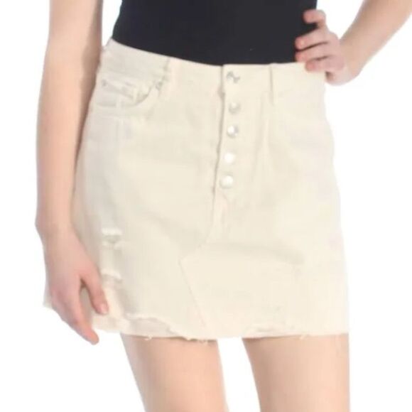 We the Free People White Denim Distressed Button Fly Raw Hem Skirt Size 28 - Picture 1 of 6